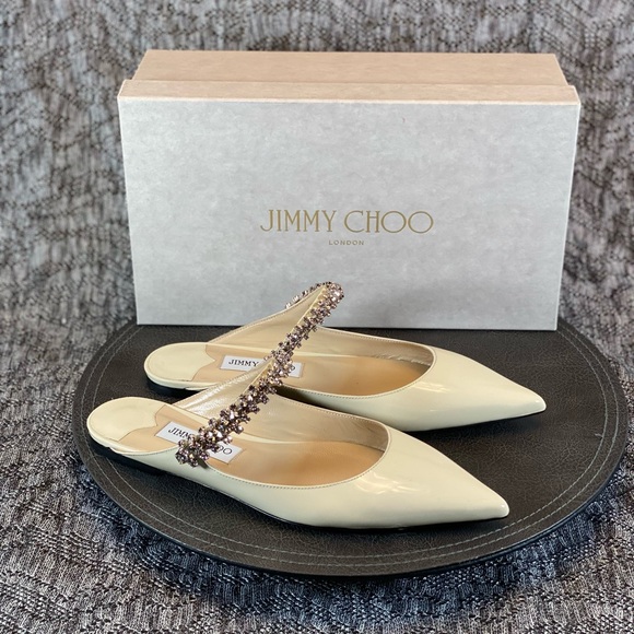 Jimmy Choo Bing Flat Crystal strap patent Mule 38.5 is available